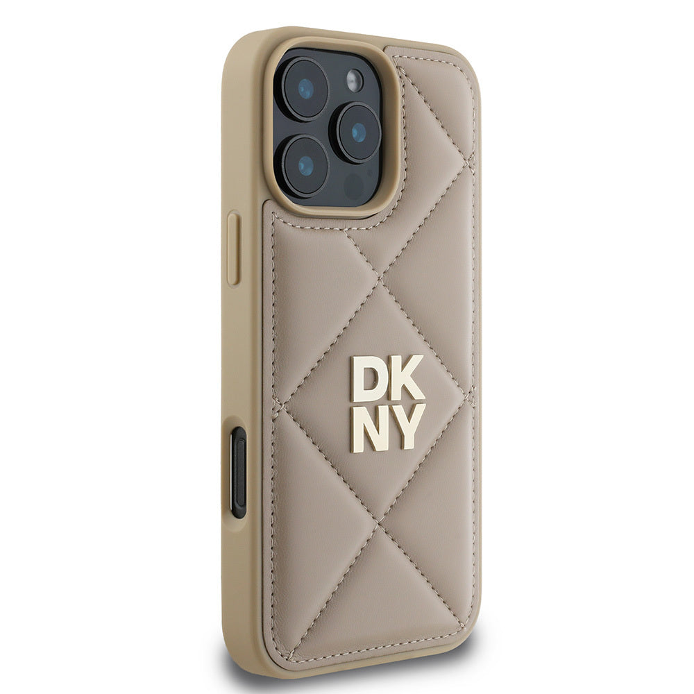 DKNY iPhone 16 Pro Orjinal Lisanslı Kapitone Tasarımlı Metal Logolu Deri Kılıf