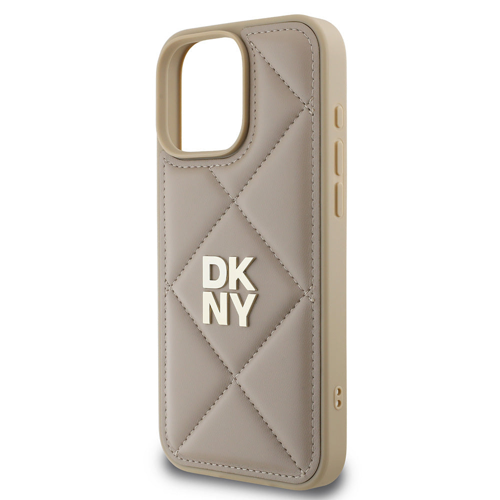 DKNY iPhone 16 Pro Orjinal Lisanslı Kapitone Tasarımlı Metal Logolu Deri Kılıf