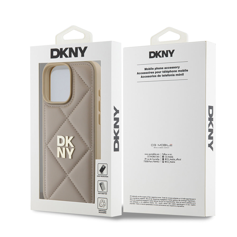 DKNY iPhone 16 Pro Orjinal Lisanslı Kapitone Tasarımlı Metal Logolu Deri Kılıf