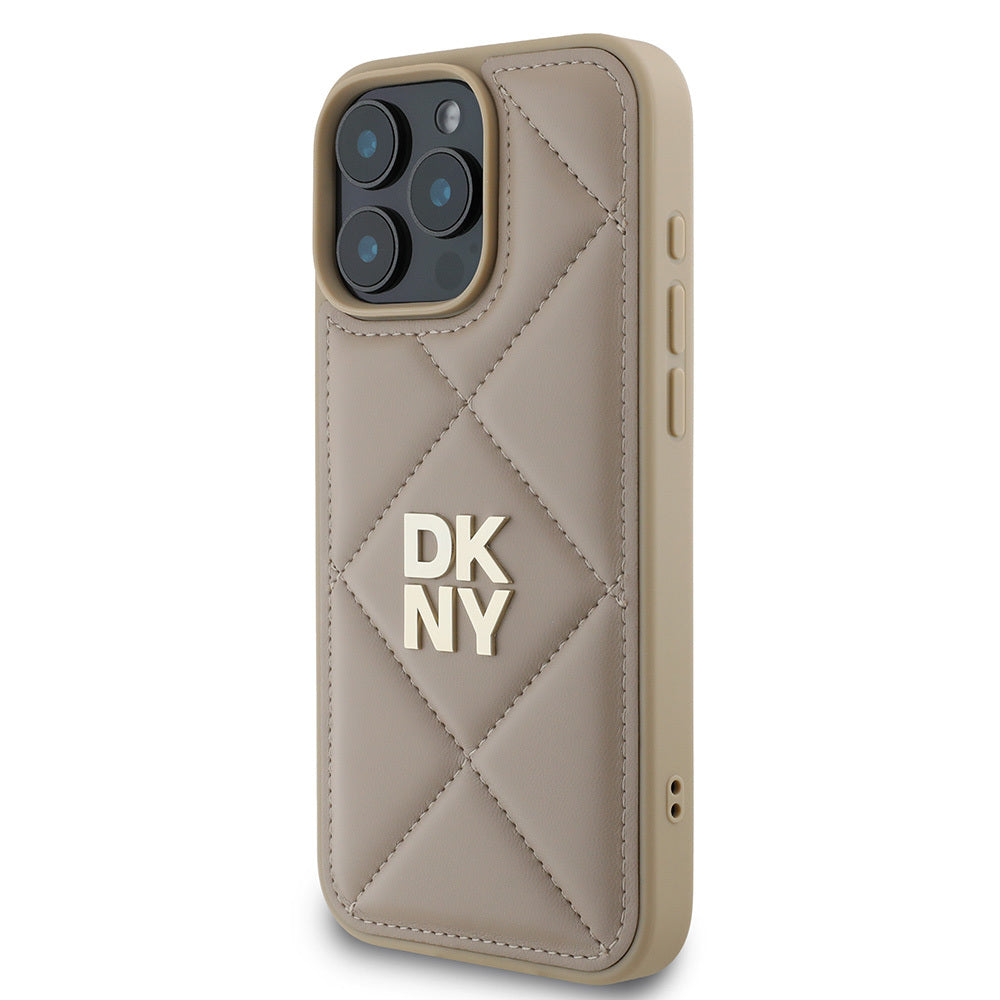 DKNY iPhone 16 Pro Orjinal Lisanslı Kapitone Tasarımlı Metal Logolu Deri Kılıf