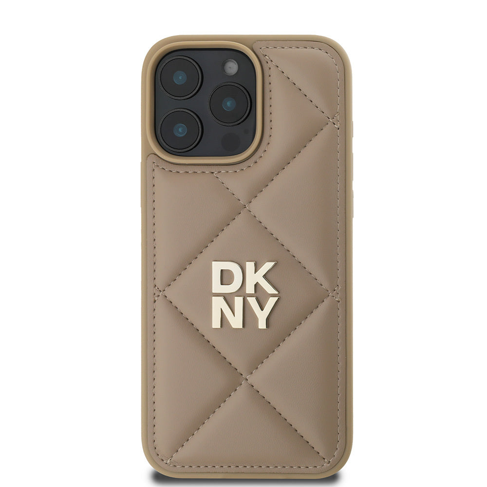 DKNY iPhone 16 Pro Orjinal Lisanslı Kapitone Tasarımlı Metal Logolu Deri Kılıf