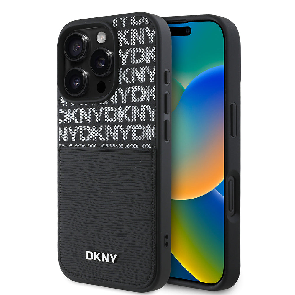 DKNY iPhone 16 Pro Orjinal Lisanslı Kartlıklı 3D Yazılı Repeat Texture Pattern Kılıf