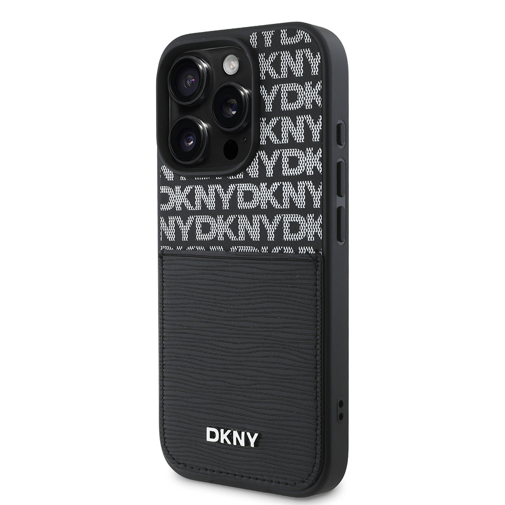 DKNY iPhone 16 Pro Orjinal Lisanslı Kartlıklı 3D Yazılı Repeat Texture Pattern Kılıf