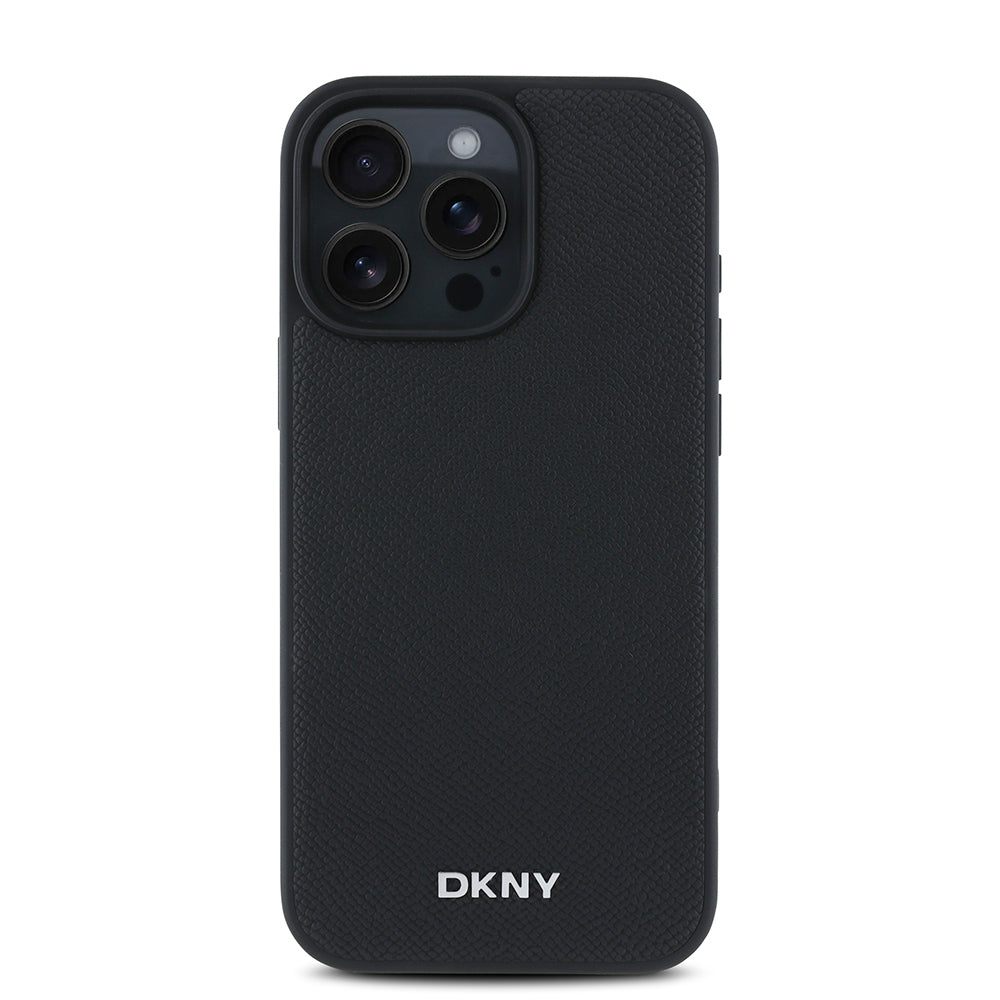 DKNY iPhone 16 Pro Orjinal Lisanslı M-safe Şarj Özellikli Metal Logolu PU Deri Grained Kılıf