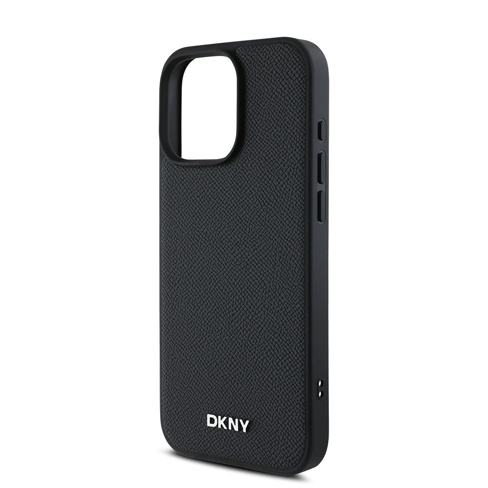DKNY iPhone 16 Pro Orjinal Lisanslı M-safe Şarj Özellikli Metal Logolu PU Deri Grained Kılıf