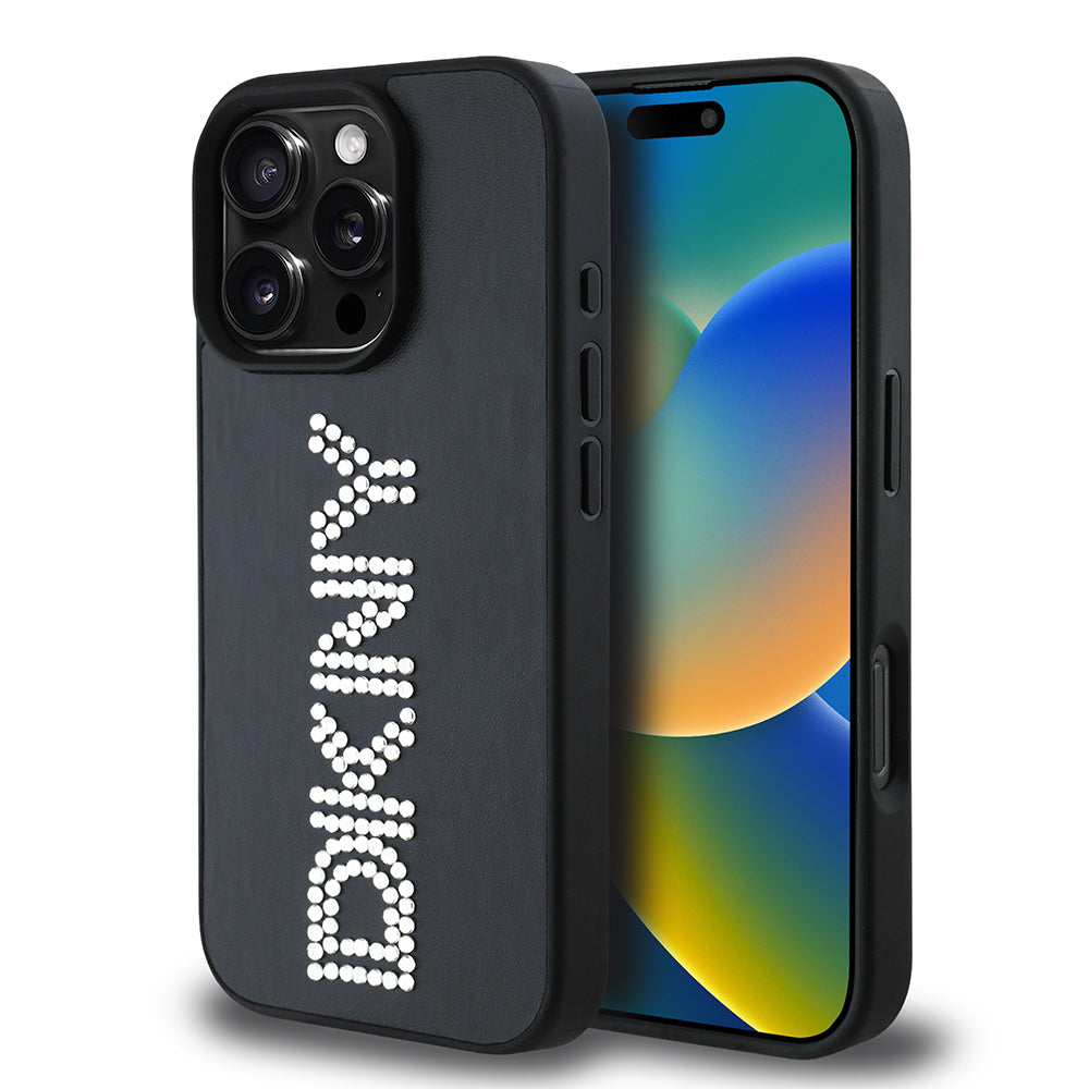 DKNY iPhone 16 Pro Orjinal Lisanslı Taşlı Yazılı Metalik Rhinestones PU Deri Kılıf