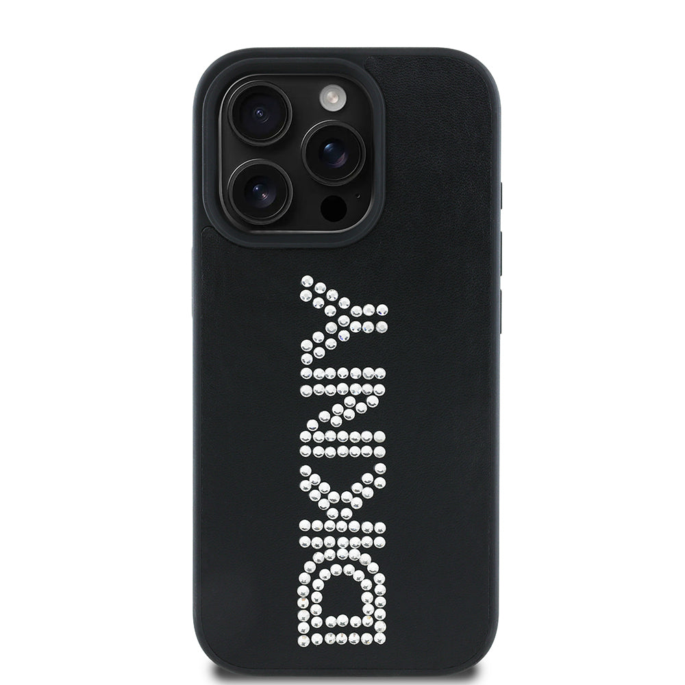 DKNY iPhone 16 Pro Orjinal Lisanslı Taşlı Yazılı Metalik Rhinestones PU Deri Kılıf