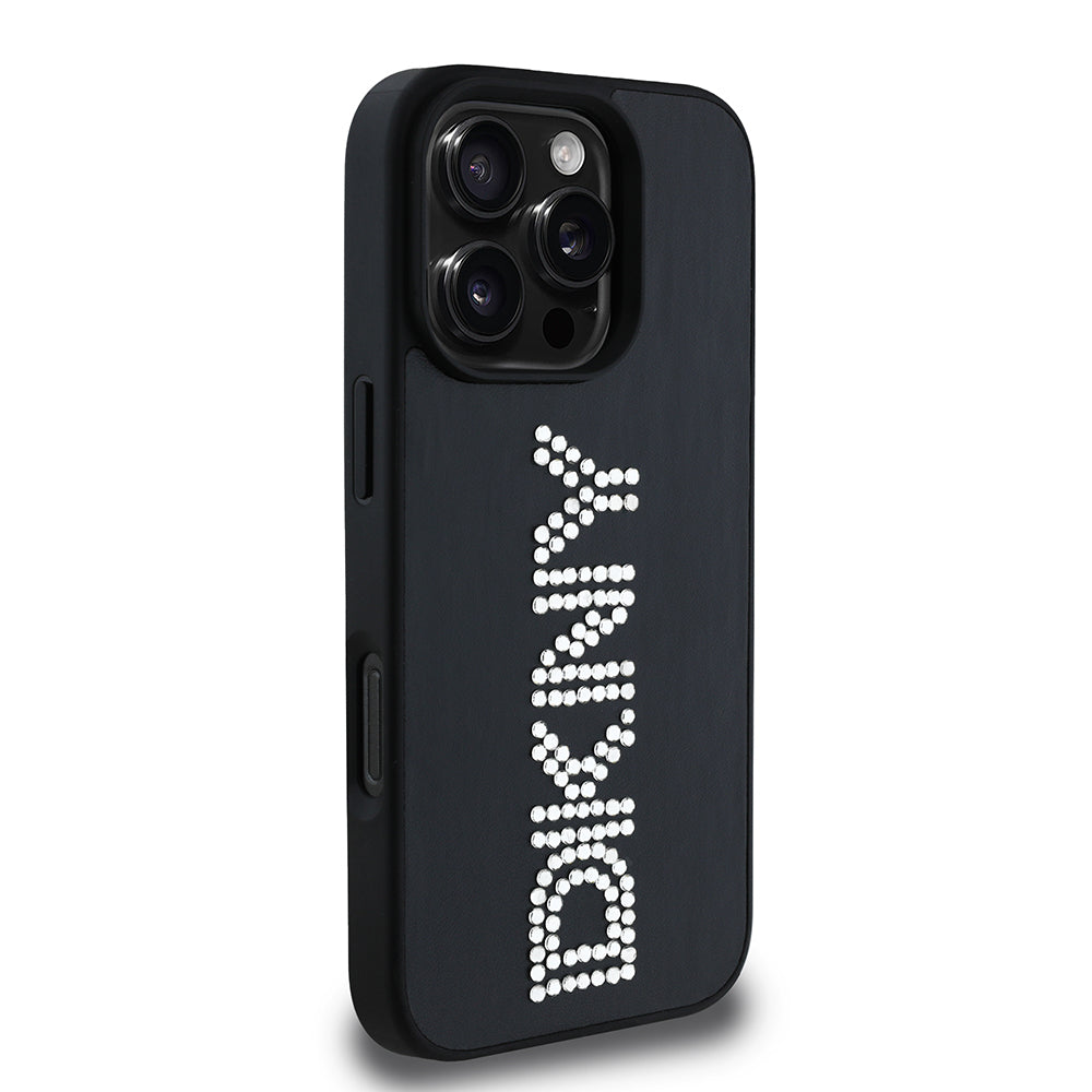 DKNY iPhone 16 Pro Orjinal Lisanslı Taşlı Yazılı Metalik Rhinestones PU Deri Kılıf