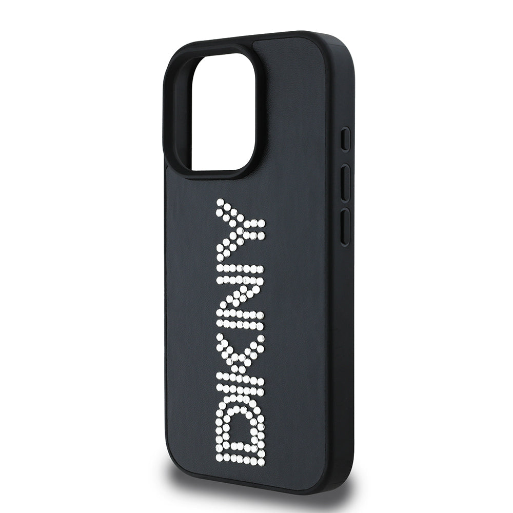 DKNY iPhone 16 Pro Orjinal Lisanslı Taşlı Yazılı Metalik Rhinestones PU Deri Kılıf