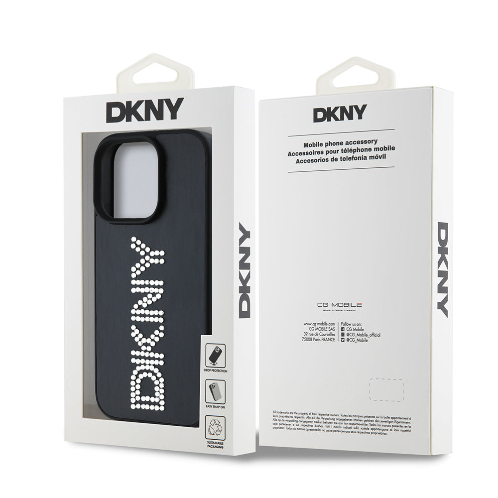 DKNY iPhone 16 Pro Orjinal Lisanslı Taşlı Yazılı Metalik Rhinestones PU Deri Kılıf