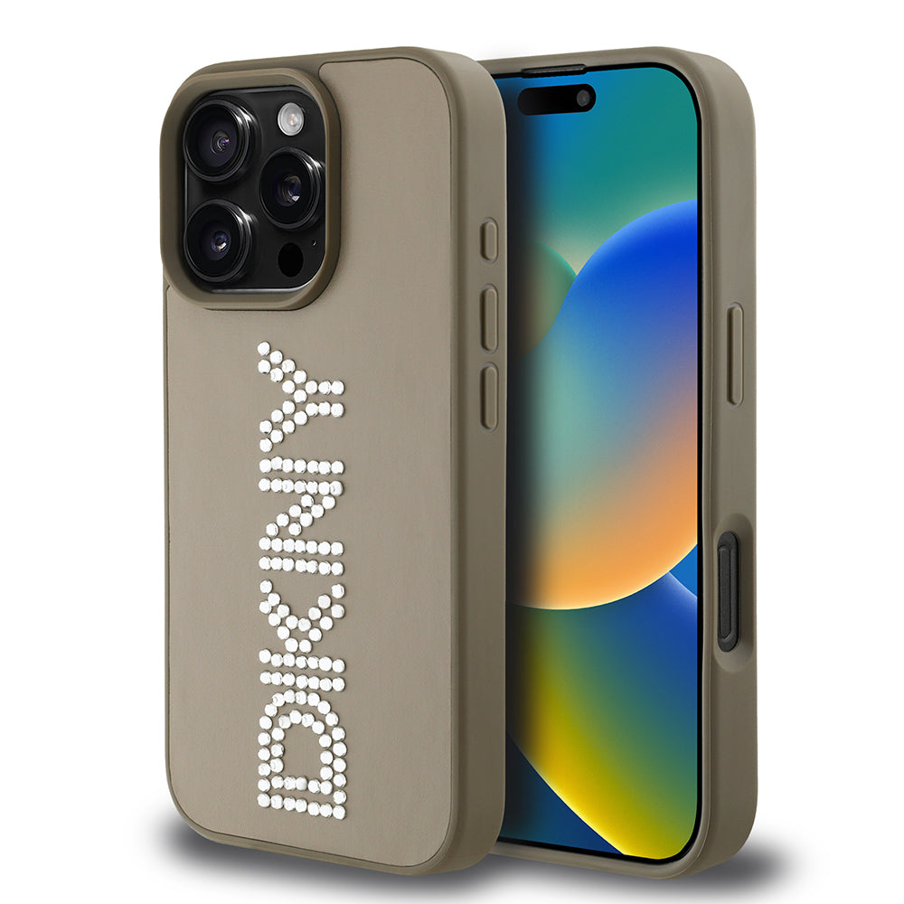 DKNY iPhone 16 Pro Orjinal Lisanslı Taşlı Yazılı Metalik Rhinestones PU Deri Kılıf
