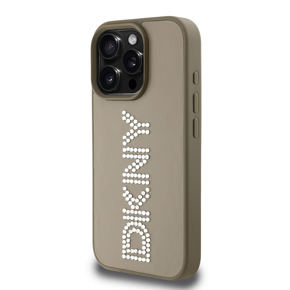 DKNY iPhone 16 Pro Orjinal Lisanslı Taşlı Yazılı Metalik Rhinestones PU Deri Kılıf