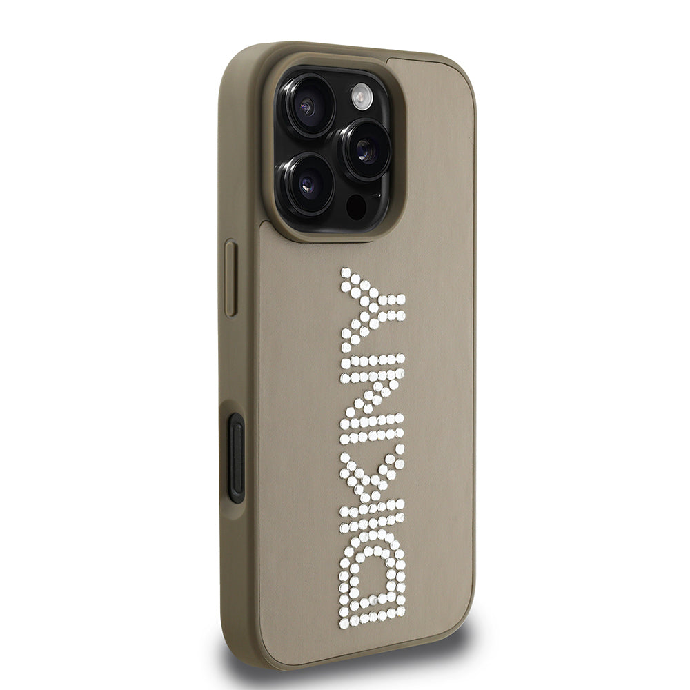DKNY iPhone 16 Pro Orjinal Lisanslı Taşlı Yazılı Metalik Rhinestones PU Deri Kılıf