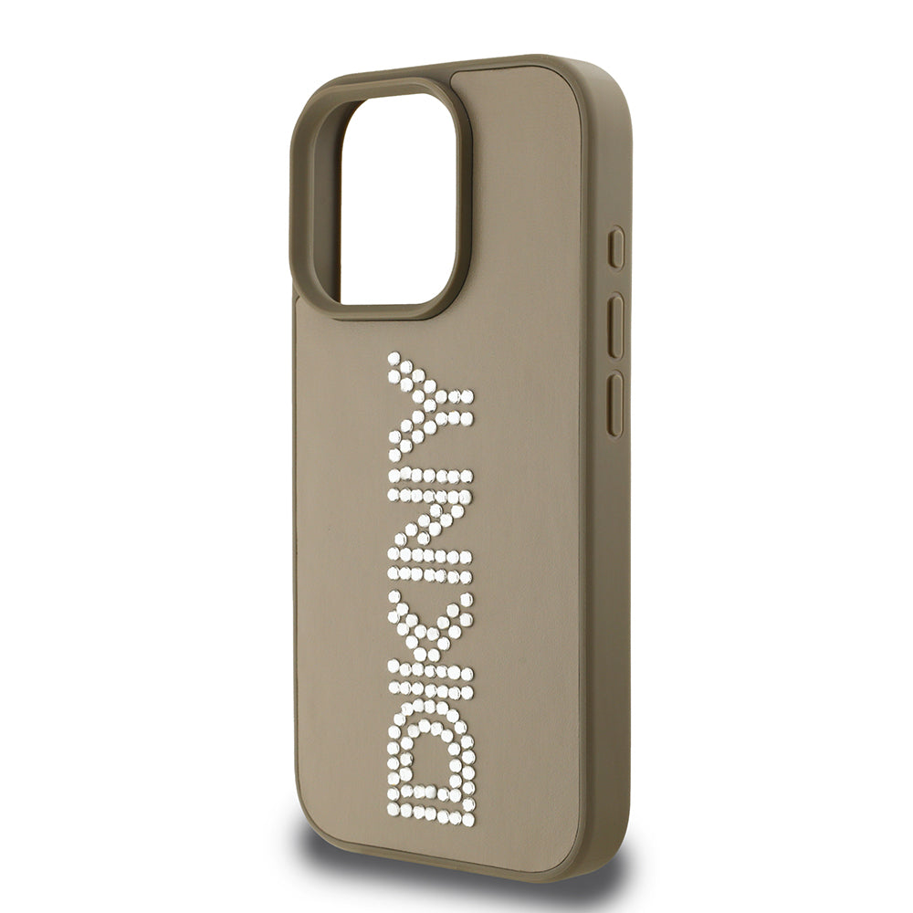 DKNY iPhone 16 Pro Orjinal Lisanslı Taşlı Yazılı Metalik Rhinestones PU Deri Kılıf