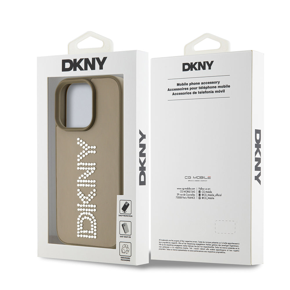 DKNY iPhone 16 Pro Orjinal Lisanslı Taşlı Yazılı Metalik Rhinestones PU Deri Kılıf