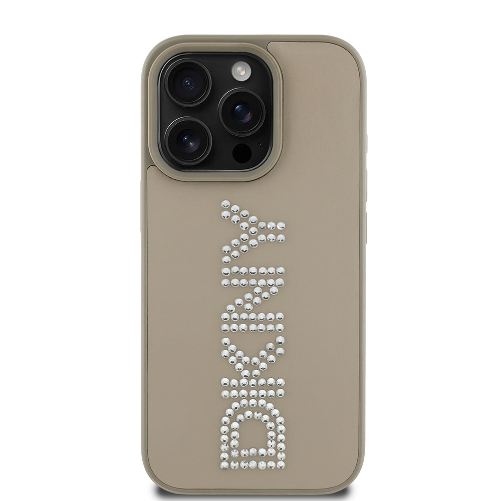 DKNY iPhone 16 Pro Orjinal Lisanslı Taşlı Yazılı Metalik Rhinestones PU Deri Kılıf