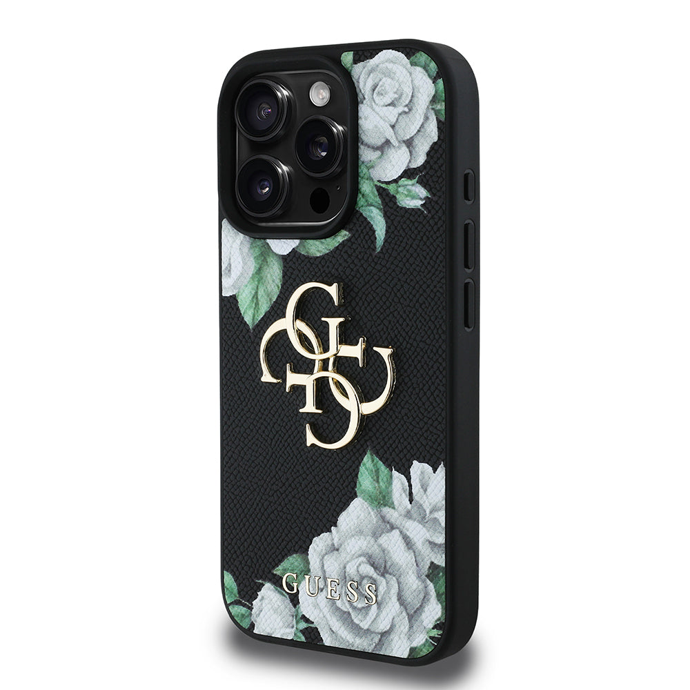 Guess iPhone 16 Pro Orjinal Lisanslı Gül Baskılı Büyük Metal Logo Dizaynlı Kılıf
