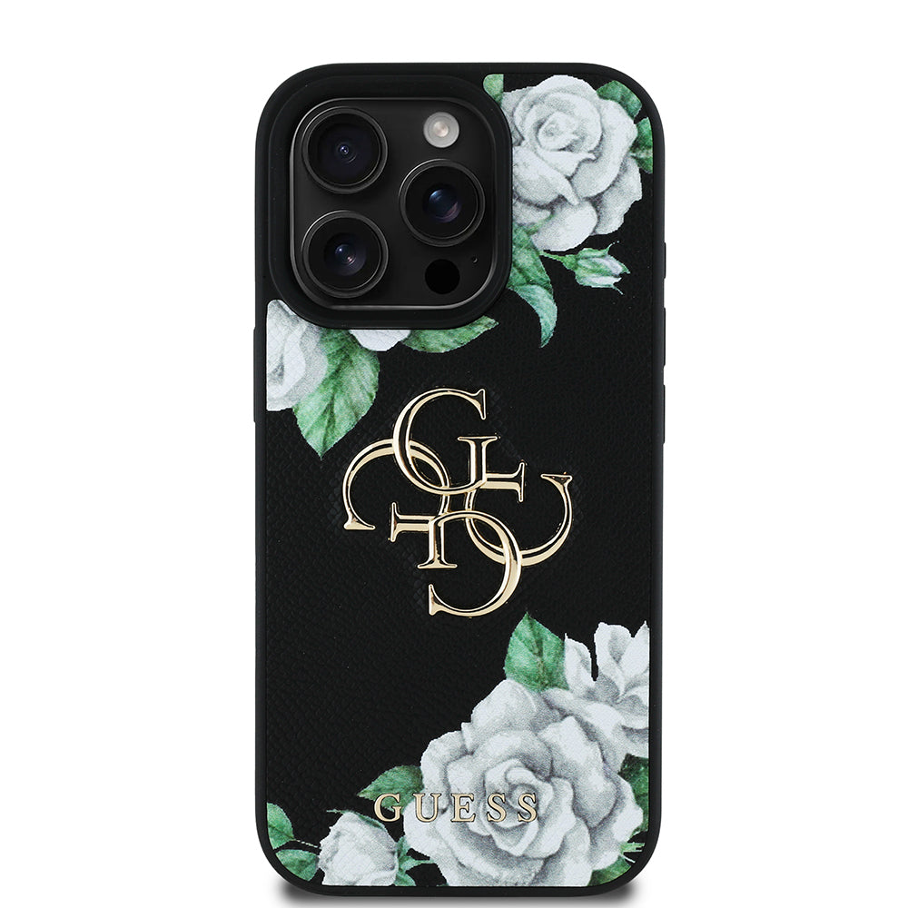 Guess iPhone 16 Pro Orjinal Lisanslı Gül Baskılı Büyük Metal Logo Dizaynlı Kılıf