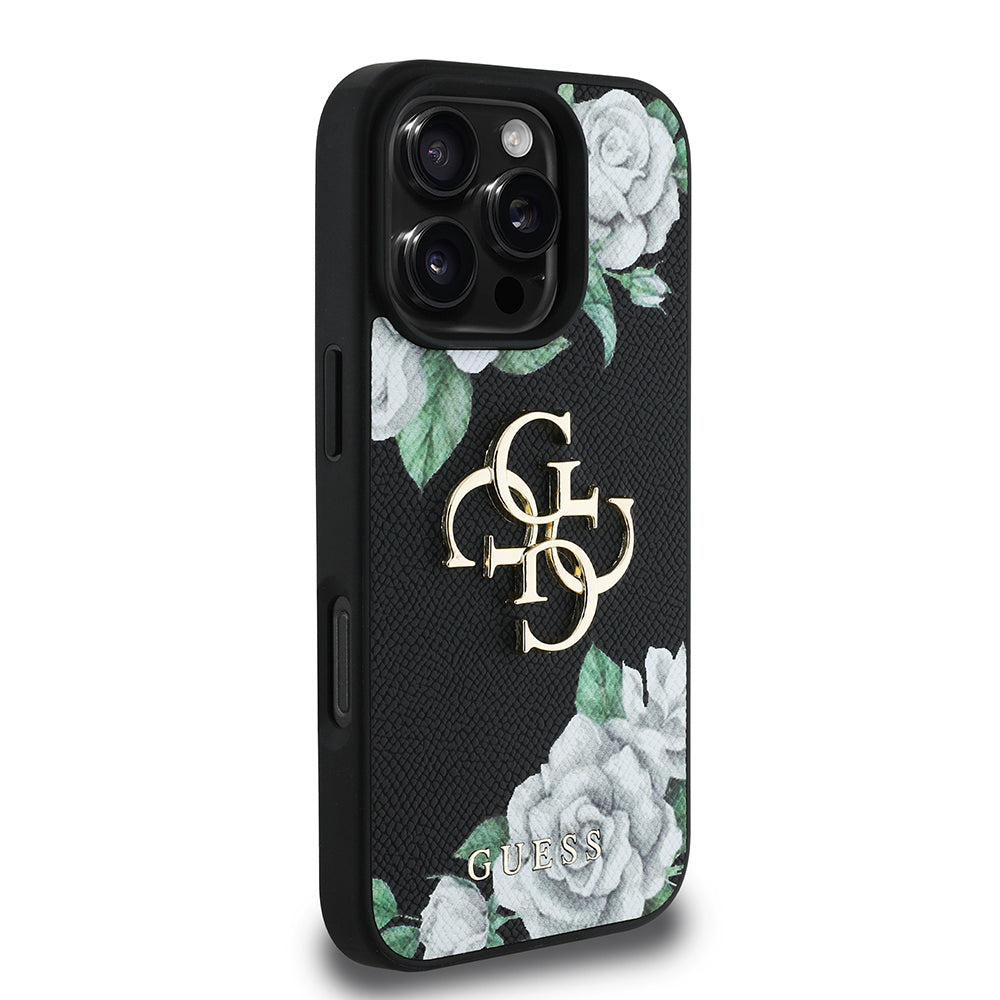 Guess iPhone 16 Pro Orjinal Lisanslı Gül Baskılı Büyük Metal Logo Dizaynlı Kılıf