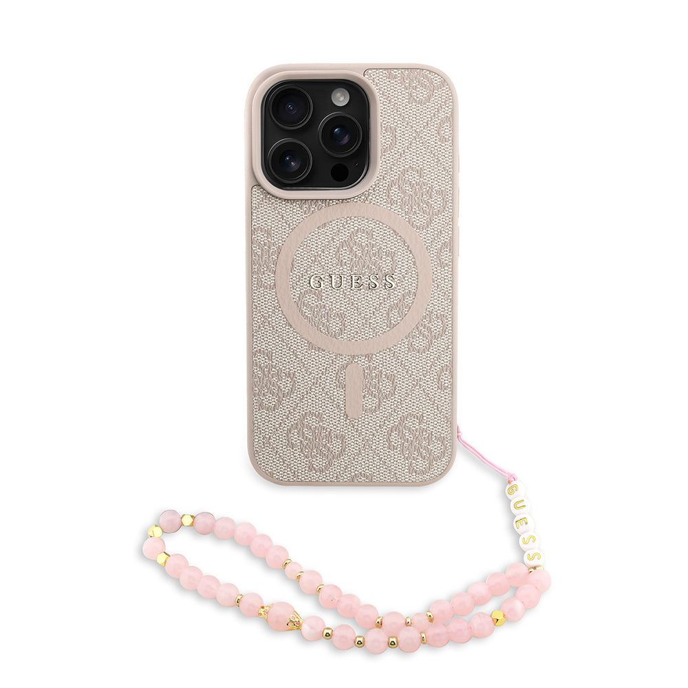 Guess iPhone 16 Pro Guess Orjinal Lisanslı Magsafe PU Deri Bilek Askı İpli Yazı Logolu Telefon Kılıfı