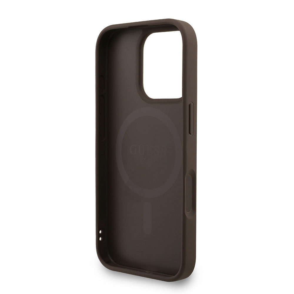 Guess iPhone 16 Pro Guess Orjinal Lisanslı Magsafe PU Deri Bilek Askı İpli Yazı Logolu Telefon Kılıfı