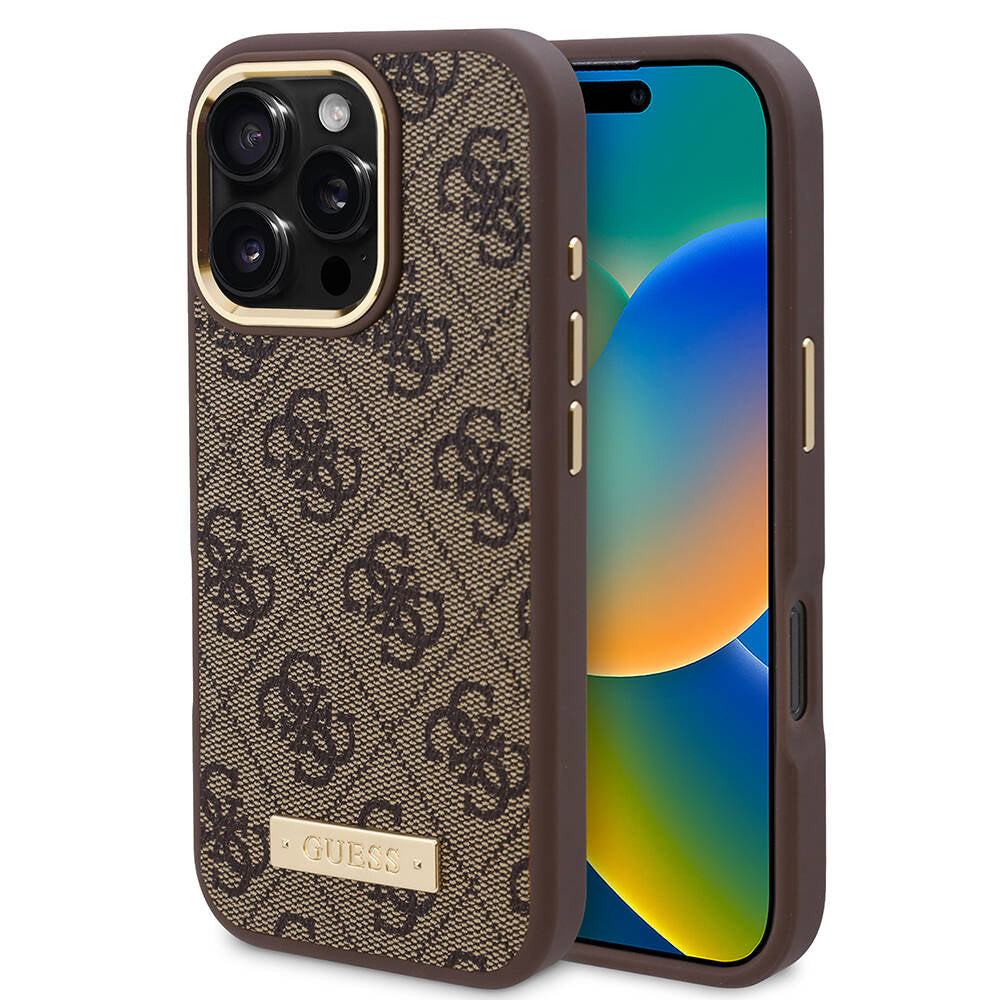 Guess iPhone 16 Pro Orjinal Lisanslı Magsafe Şarj Özellikli 4G Desenli PU Metal Plaka Klasik Logolu Telefon Kılıfı - 1