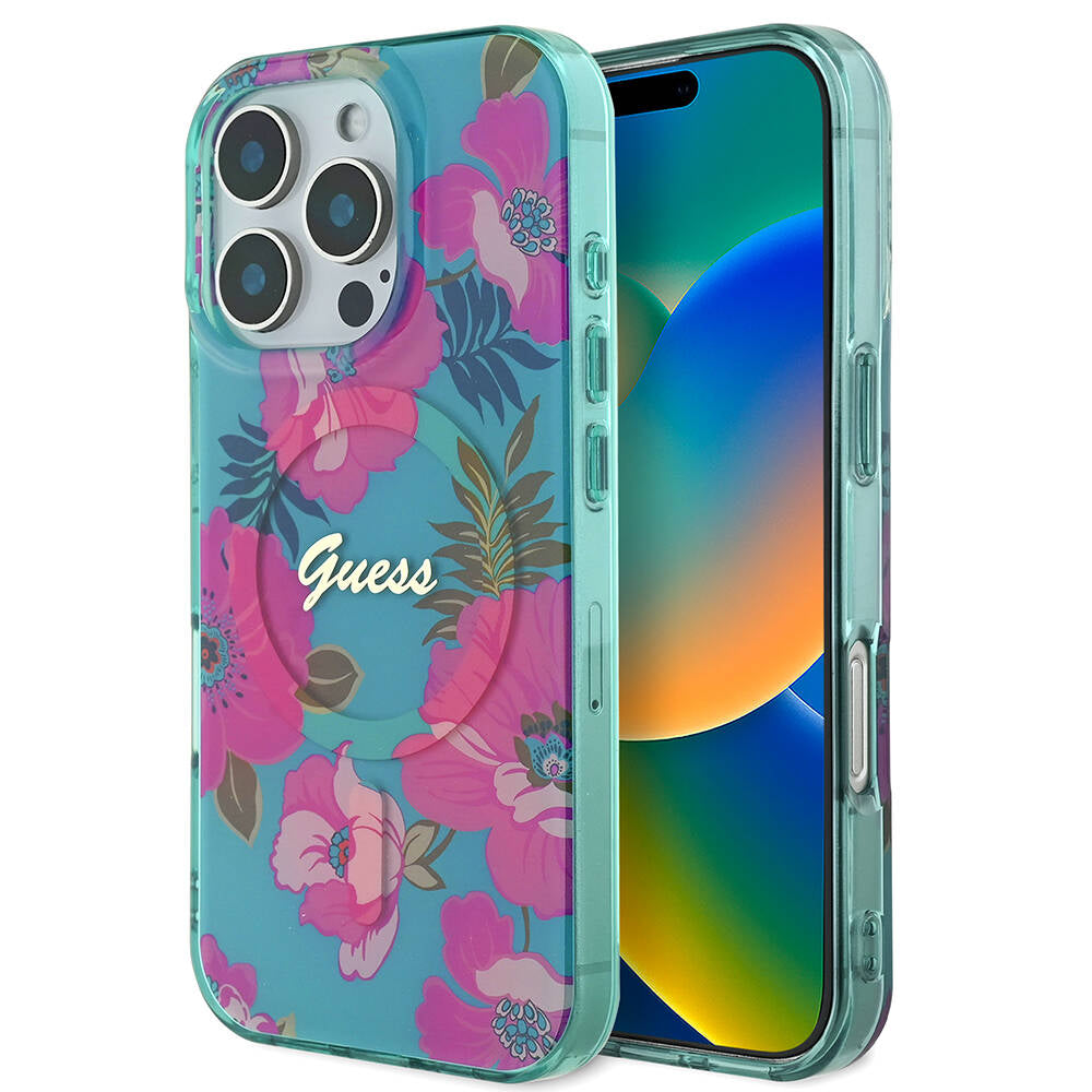 Guess iPhone 16 Pro Orjinal Lisanslı M-safe Şarj Özellikli Flower Tone On Tone Ring Kılıf
