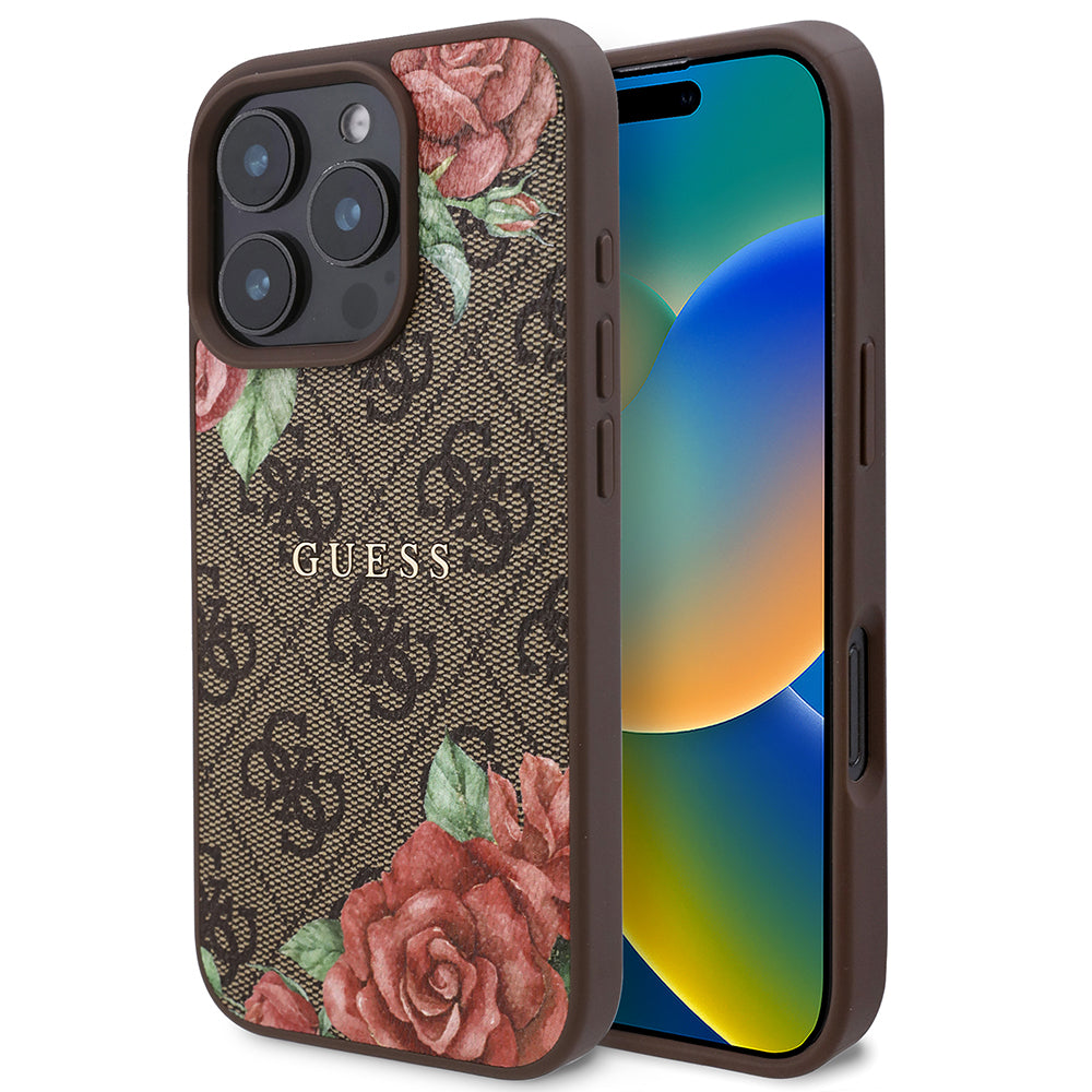 Guess iPhone 16 Pro Orjinal Lisanslı M-safe Şarj Özellikli Gül Baskılı 4G Desenli Yazı Logolu Kılıf