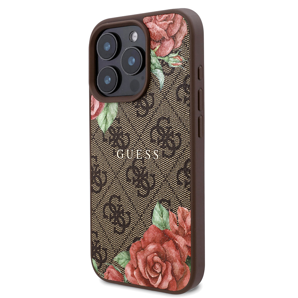 Guess iPhone 16 Pro Orjinal Lisanslı M-safe Şarj Özellikli Gül Baskılı 4G Desenli Yazı Logolu Kılıf
