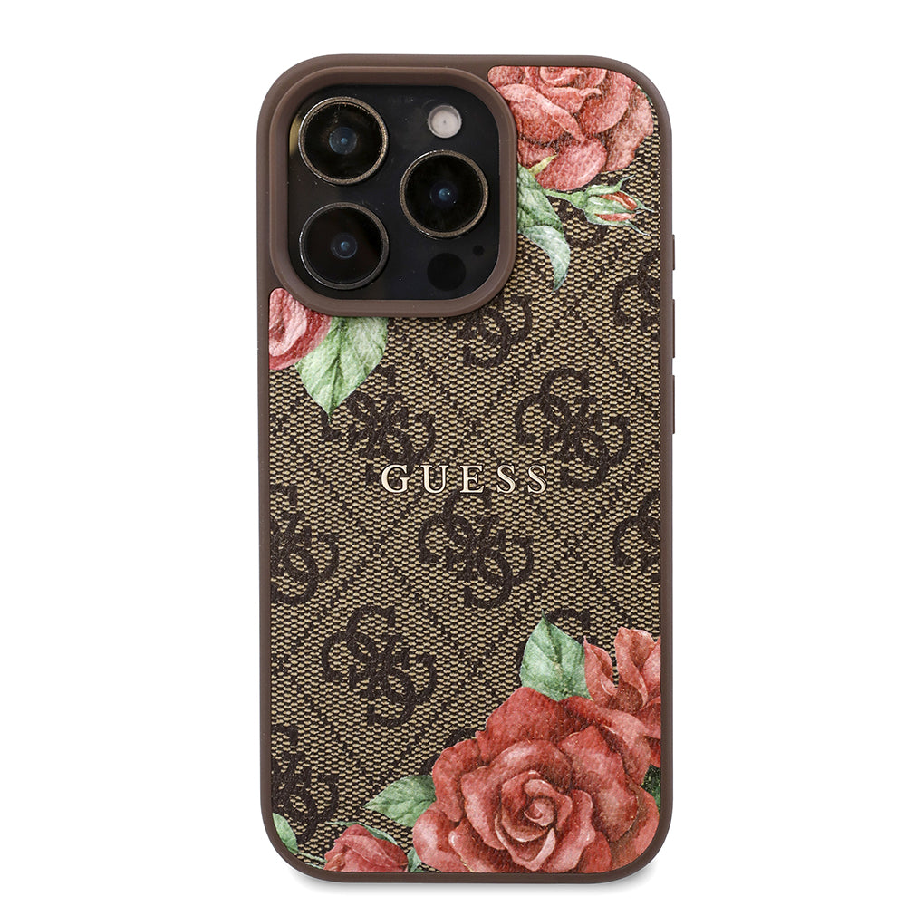 Guess iPhone 16 Pro Orjinal Lisanslı M-safe Şarj Özellikli Gül Baskılı 4G Desenli Yazı Logolu Kılıf
