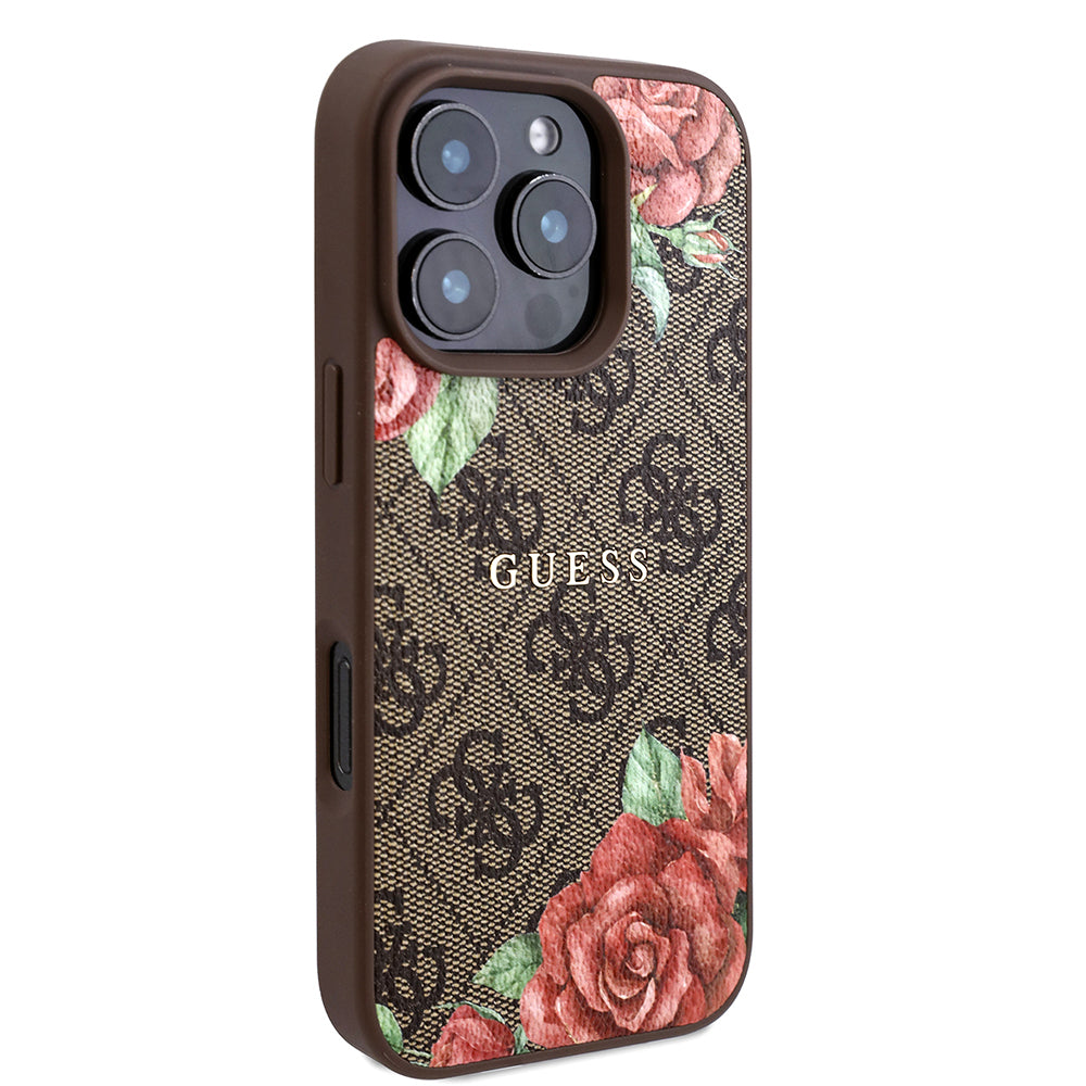 Guess iPhone 16 Pro Orjinal Lisanslı M-safe Şarj Özellikli Gül Baskılı 4G Desenli Yazı Logolu Kılıf
