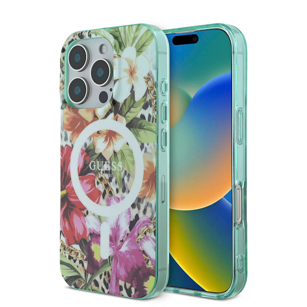 Guess iPhone 16 Pro Orjinal Lisanslı M-safe Şarj Özellikli IML Baskılı Jungle Ring Kılıf
