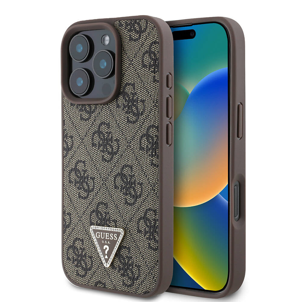 Guess iPhone 16 Pro Orjinal Lisanslı Magsafe Şarj Özellikli PU Deri 4G Desenli Taşlı Üçgen Logolu Telefon Kılıfı - 1