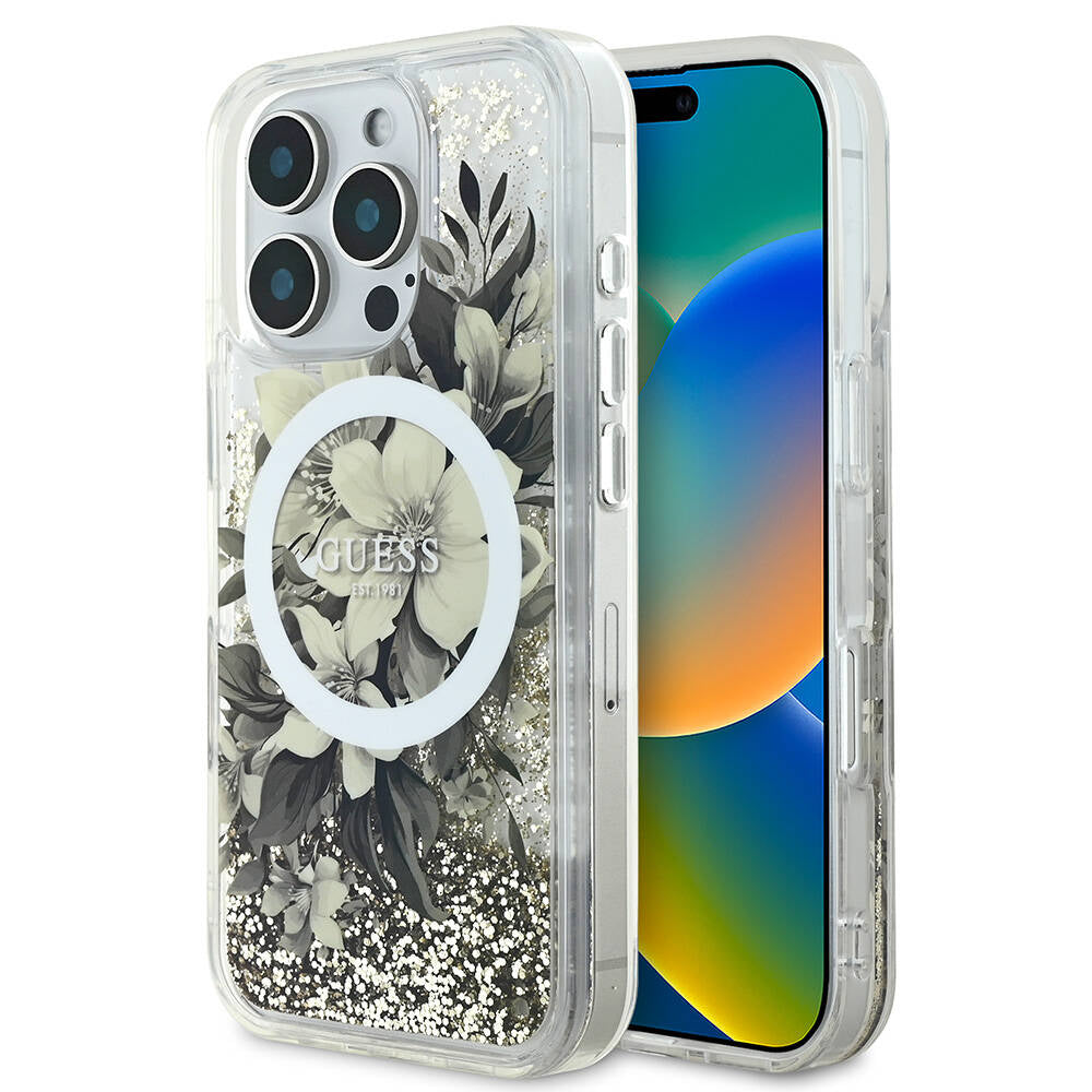 Guess iPhone 16 Pro Orjinal Lisanslı Magsafe Şarj Özellikli Sıvılı Simli Çiçek Desenli Telefon Kılıfı - 1