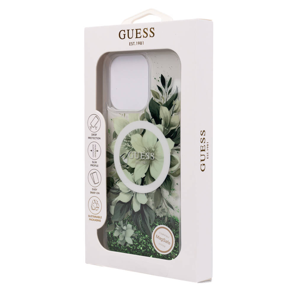 Guess iPhone 16 Pro Orjinal Lisanslı Magsafe Şarj Özellikli Sıvılı Simli Çiçek Desenli Telefon Kılıfı