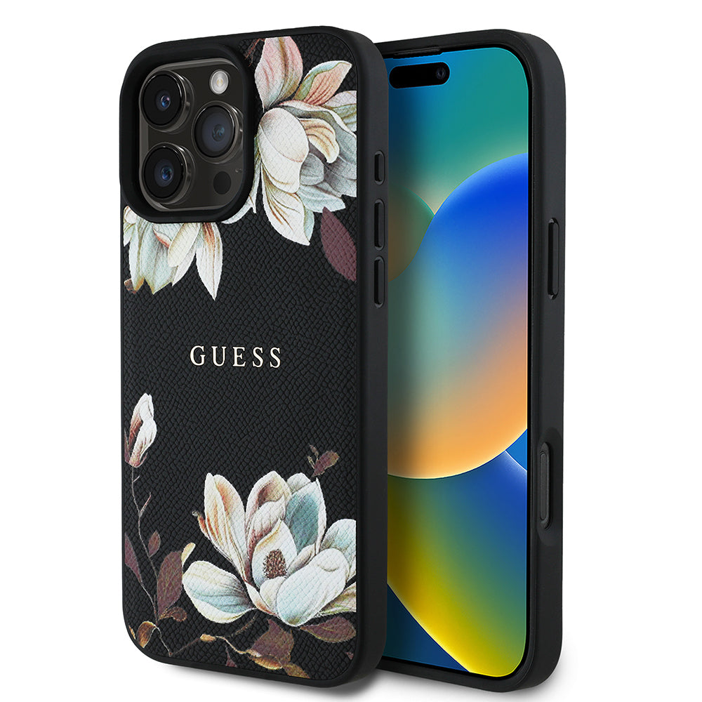Guess iPhone 16 Pro Orjinal Lisanslı Magsafe Şarj Özellikli Taneli Çiçek Tasarımlı Metal Yazı Logolu Kılıf