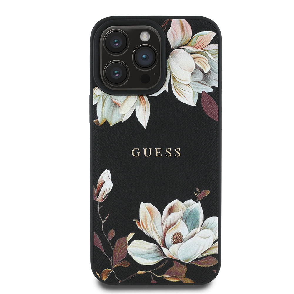 Guess iPhone 16 Pro Orjinal Lisanslı Magsafe Şarj Özellikli Taneli Çiçek Tasarımlı Metal Yazı Logolu Kılıf