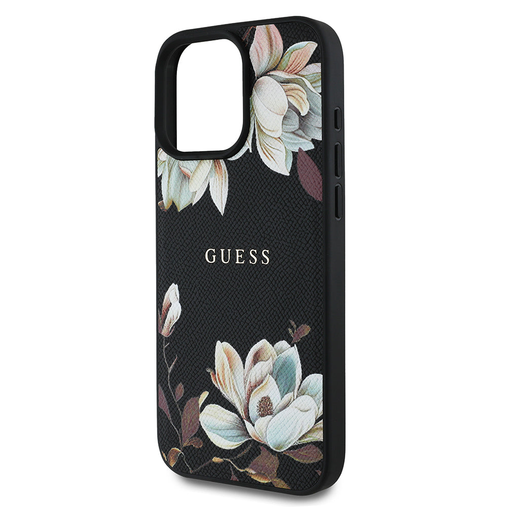 Guess iPhone 16 Pro Orjinal Lisanslı Magsafe Şarj Özellikli Taneli Çiçek Tasarımlı Metal Yazı Logolu Kılıf