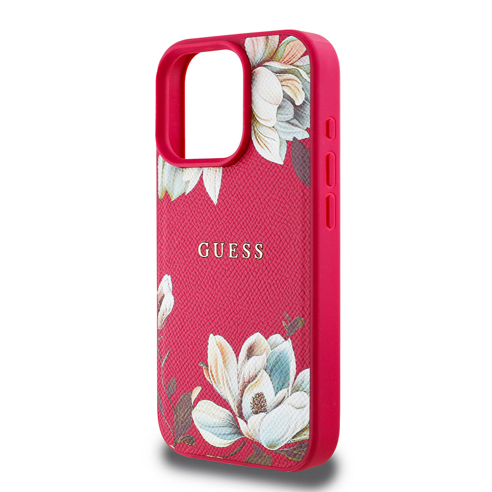 Guess iPhone 16 Pro Orjinal Lisanslı Magsafe Şarj Özellikli Taneli Çiçek Tasarımlı Metal Yazı Logolu Kılıf
