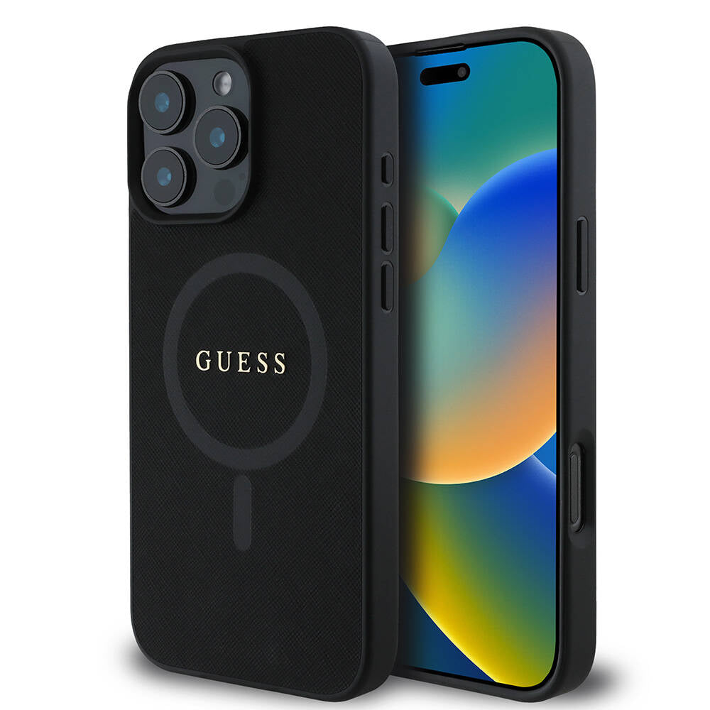 Guess iPhone 16 Pro Orjinal Lisanslı Magsafe Şarj Özellikli Yazı Logolu Saffiano Classic Telefon Kılıfı