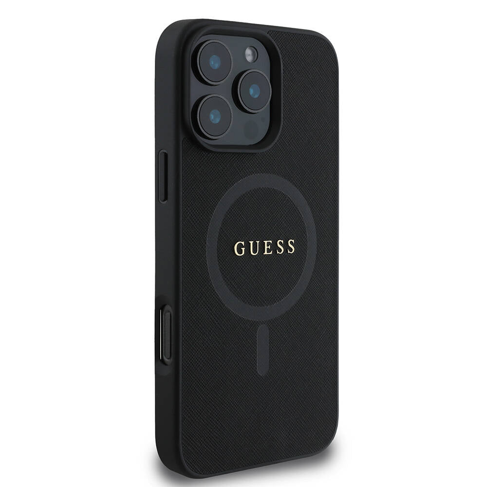 Guess iPhone 16 Pro Orjinal Lisanslı Magsafe Şarj Özellikli Yazı Logolu Saffiano Classic Telefon Kılıfı