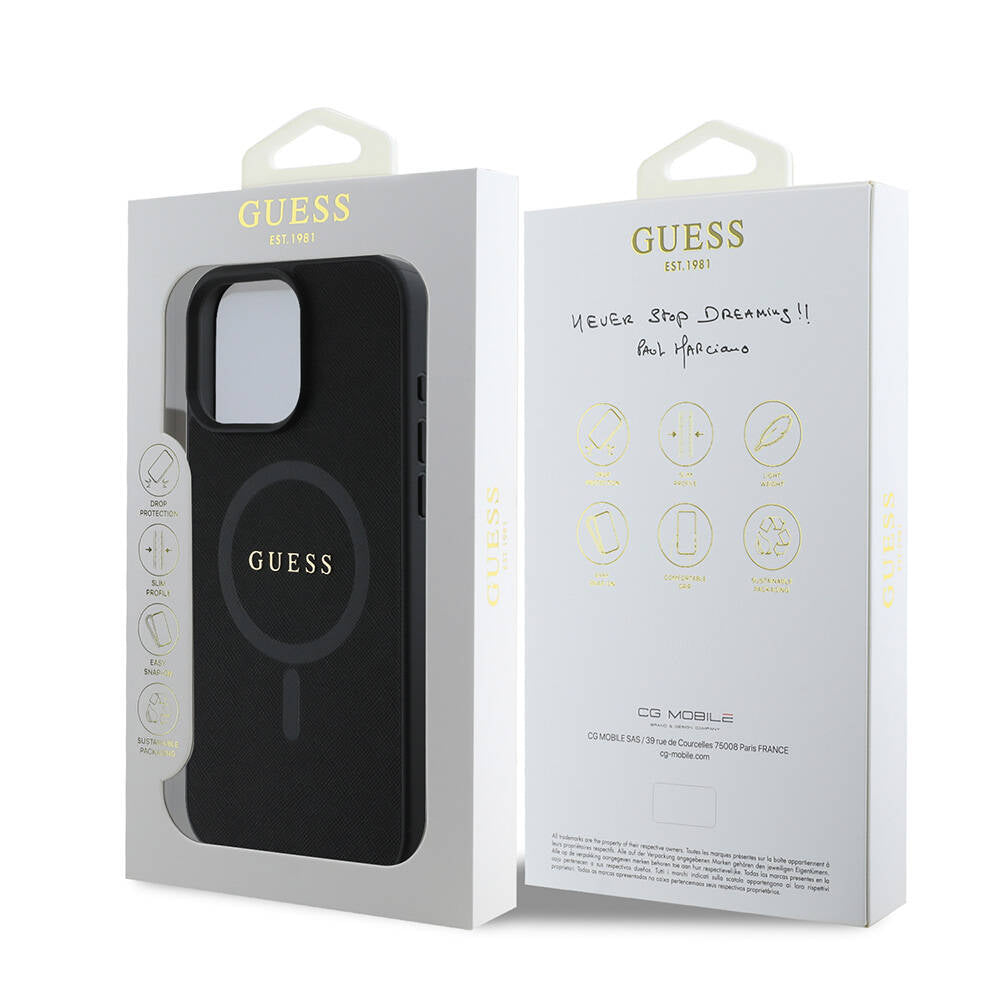 Guess iPhone 16 Pro Orjinal Lisanslı Magsafe Şarj Özellikli Yazı Logolu Saffiano Classic Telefon Kılıfı