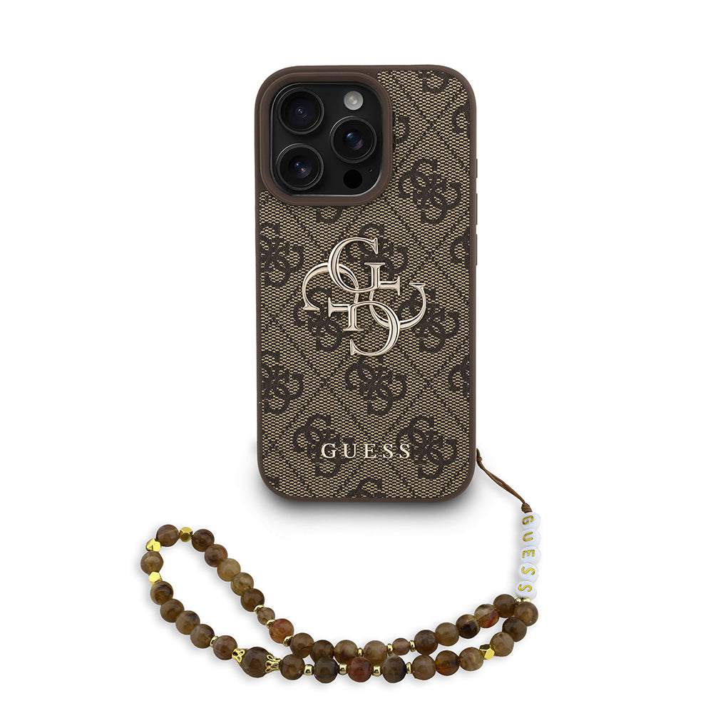 Guess iPhone 16 Pro Orjinal Lisanslı PU Deri Bilek Askı İpli Metal Büyük 4G ve Yazı Logolu Kılıf