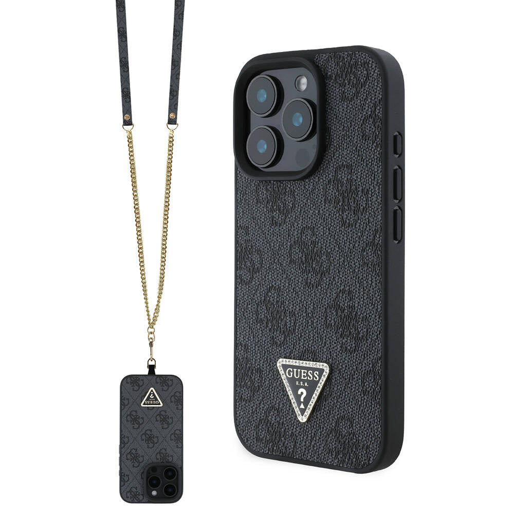 Guess iPhone 16 Pro Orjinal Lisanslı PU Deri Taşlı Metal Üçgen Logolu Çapraz Vücut Askılı 4G Desenli Telefon Kılıfı - 1
