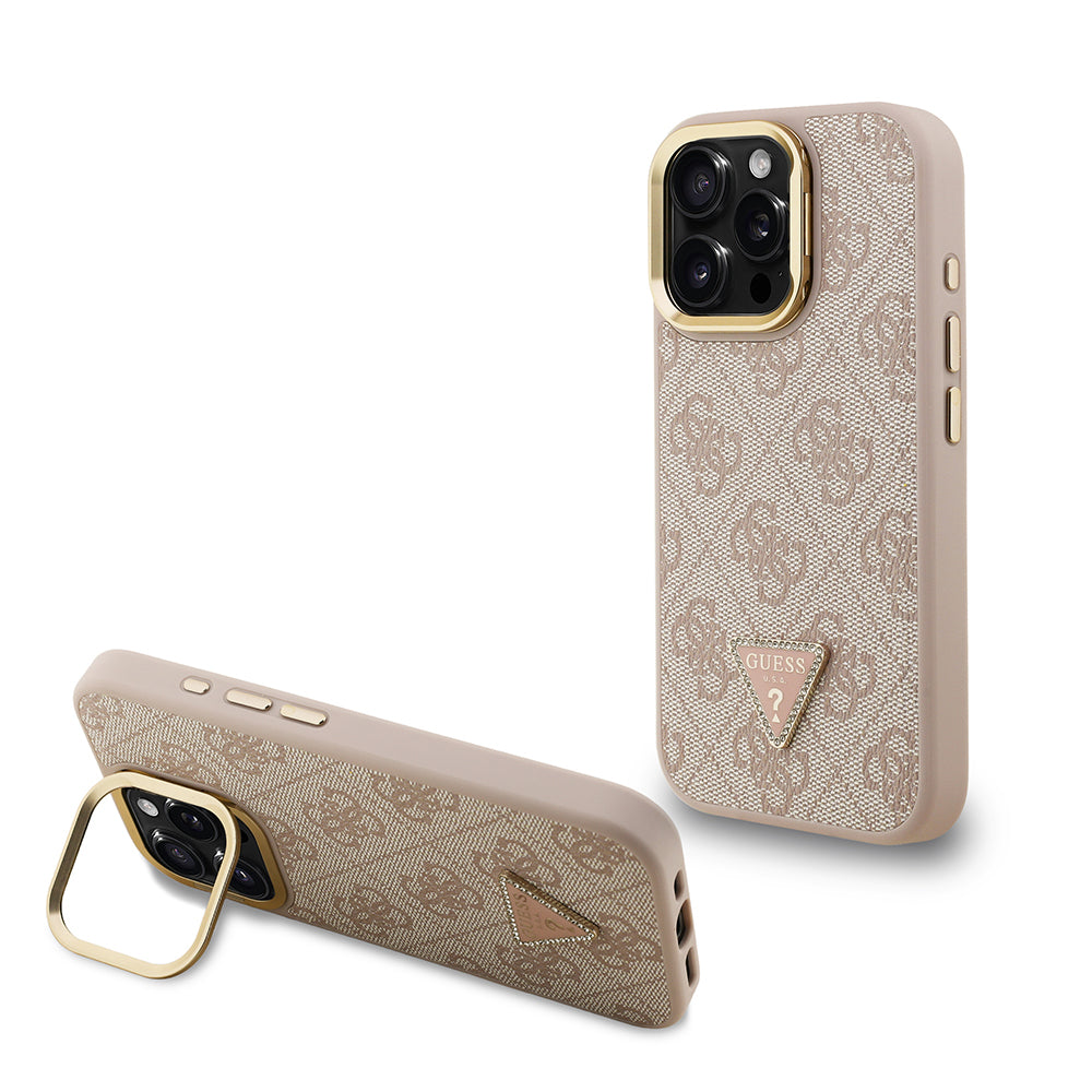 Guess iPhone 16 Pro Orjinal Lisanslı PU Deri Taşlı Üçgen Logo 4G Desenli Kamera Standlı Magsafe Telefon Kılıfı