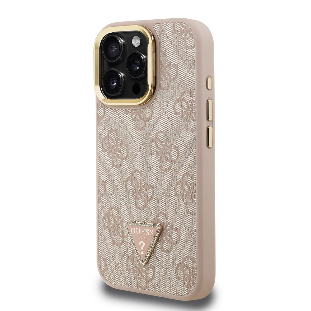Guess iPhone 16 Pro Orjinal Lisanslı PU Deri Taşlı Üçgen Logo 4G Desenli Kamera Standlı Magsafe Telefon Kılıfı