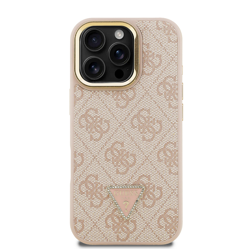 Guess iPhone 16 Pro Orjinal Lisanslı PU Deri Taşlı Üçgen Logo 4G Desenli Kamera Standlı Magsafe Telefon Kılıfı
