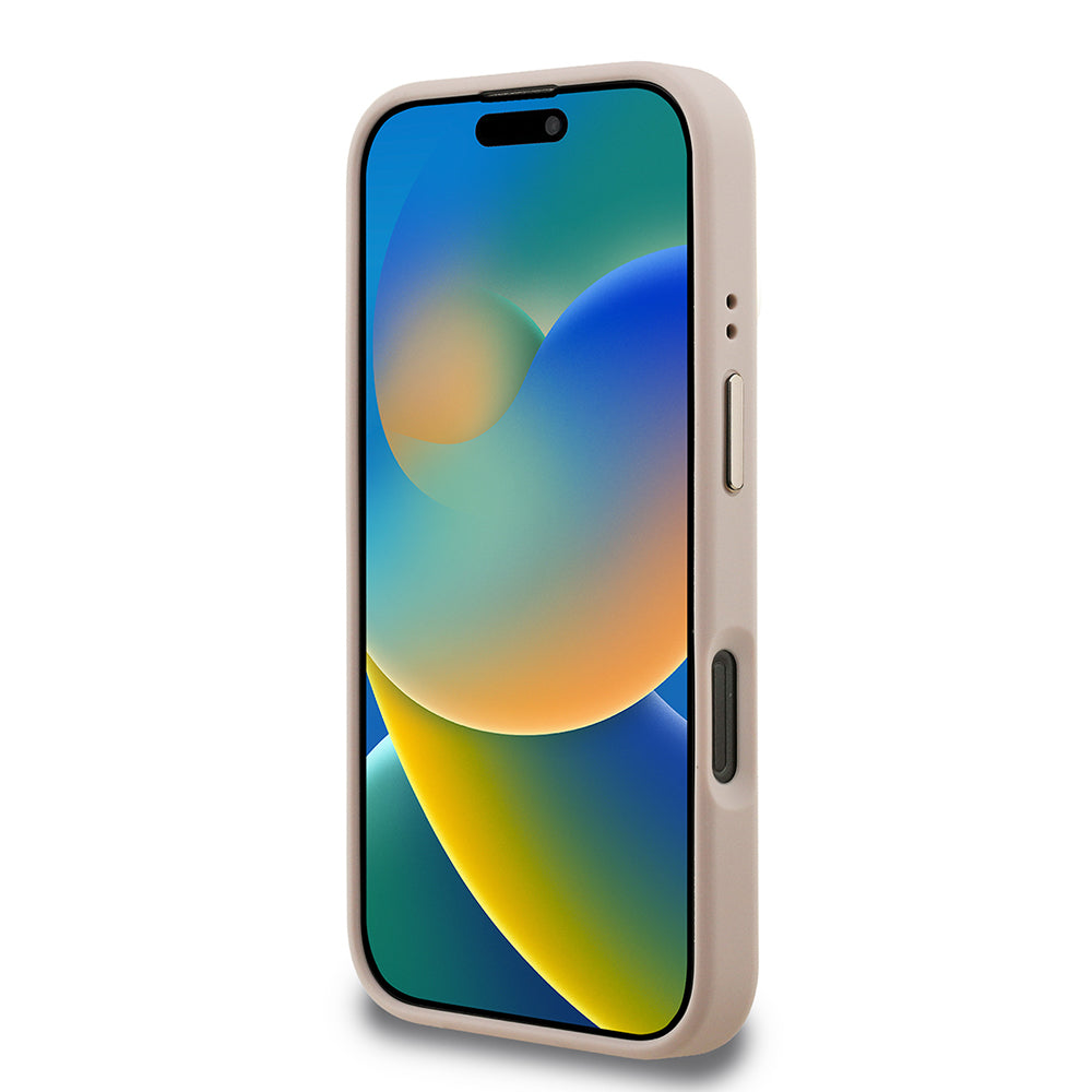 Guess iPhone 16 Pro Orjinal Lisanslı PU Deri Taşlı Üçgen Logo 4G Desenli Kamera Standlı Magsafe Telefon Kılıfı