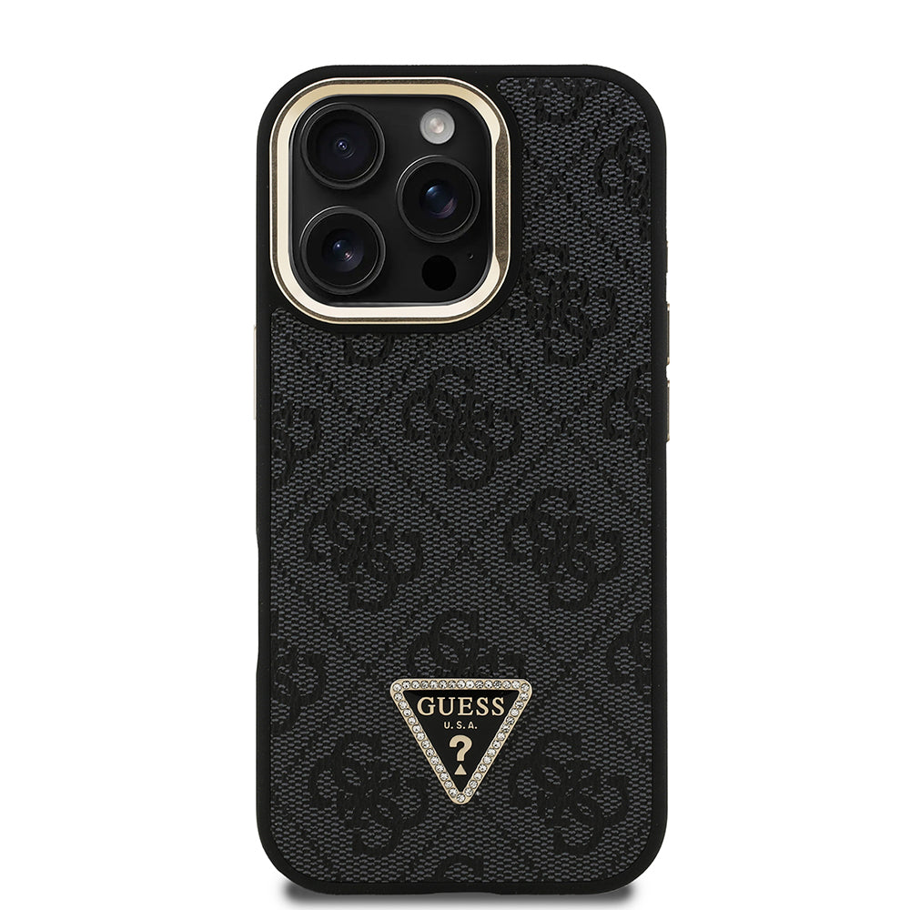 Guess iPhone 16 Pro Orjinal Lisanslı PU Deri Taşlı Üçgen Logo 4G Desenli Kamera Standlı Magsafe Telefon Kılıfı