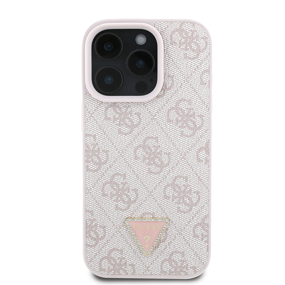 Guess iPhone 16 Pro Orjinal Lisanslı PU Deri Taşlı Üçgen Logo 4G Desenli Strass Kılıf